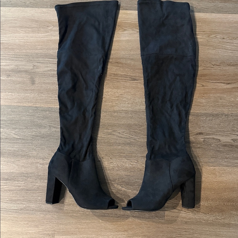 Fashion Nova Black Peep-Toe Over-the-Knee Boots
